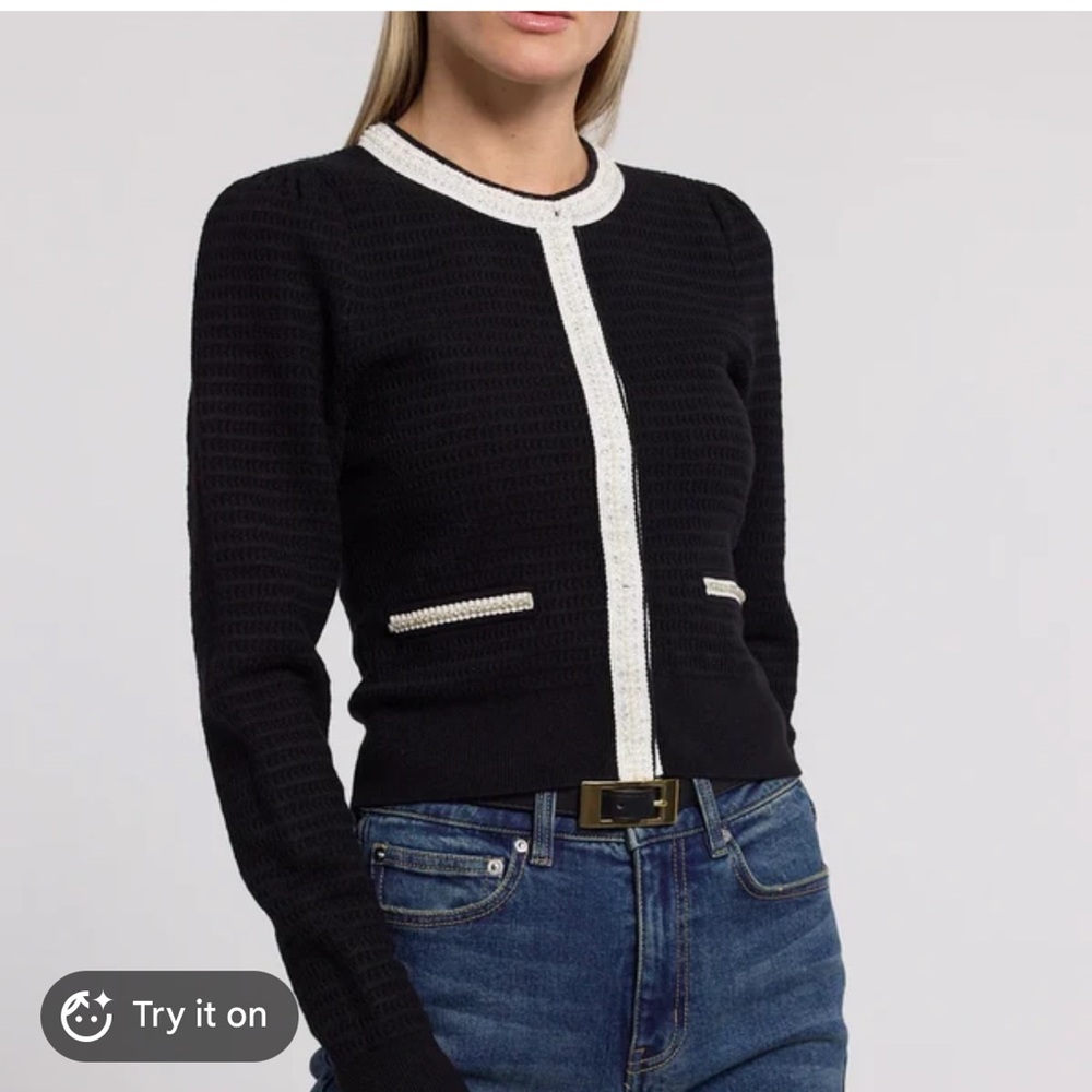 Generation love Leonora black white trim cardigan faux pearls preppy academia XL